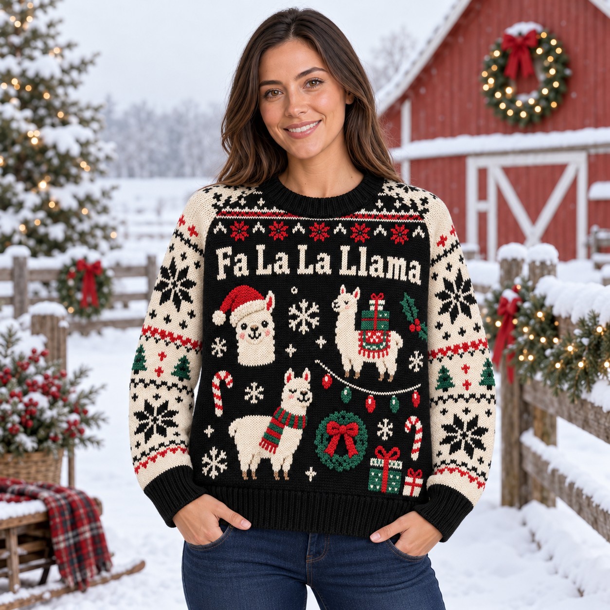 [popular-sweater:PX-12-18:female] Fa La La Llama Ugly Christmas Sweatshirt - Female view