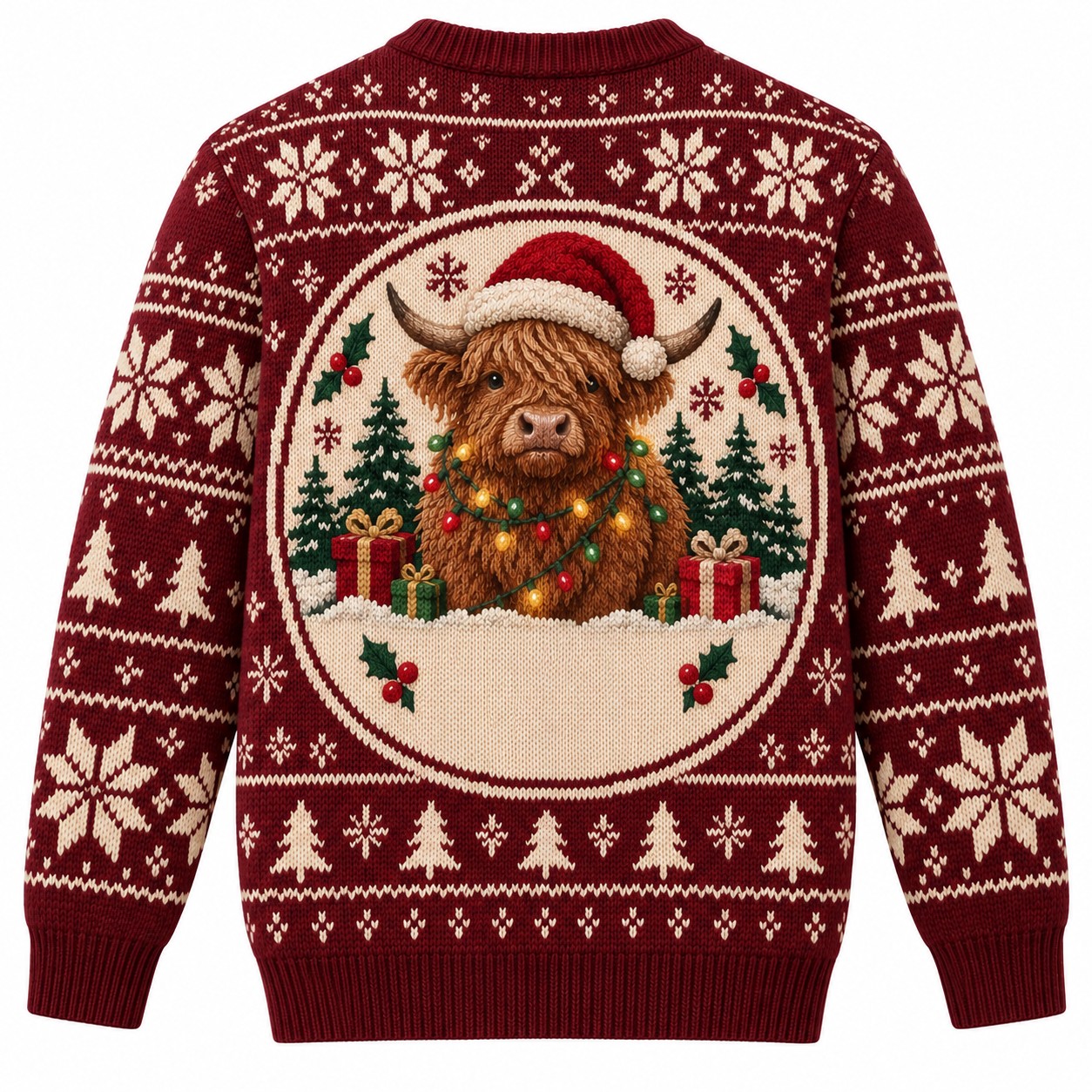 [popular-sweater:PX-12-20:back] Highland Cow In Lights Ugly Christmas Sweatshirt - Back view