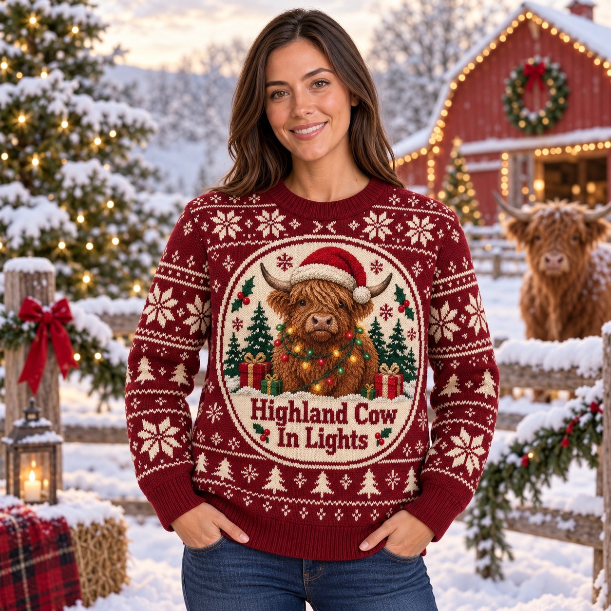 [popular-sweater:PX-12-20:female] Highland Cow In Lights Ugly Christmas Sweatshirt - Female view