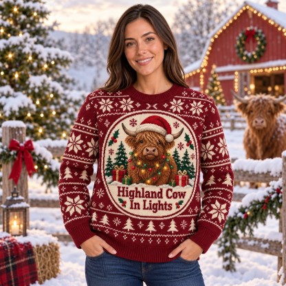 [popular-sweater:PX-12-20:female] Highland Cow In Lights Ugly Christmas Sweatshirt - Female view