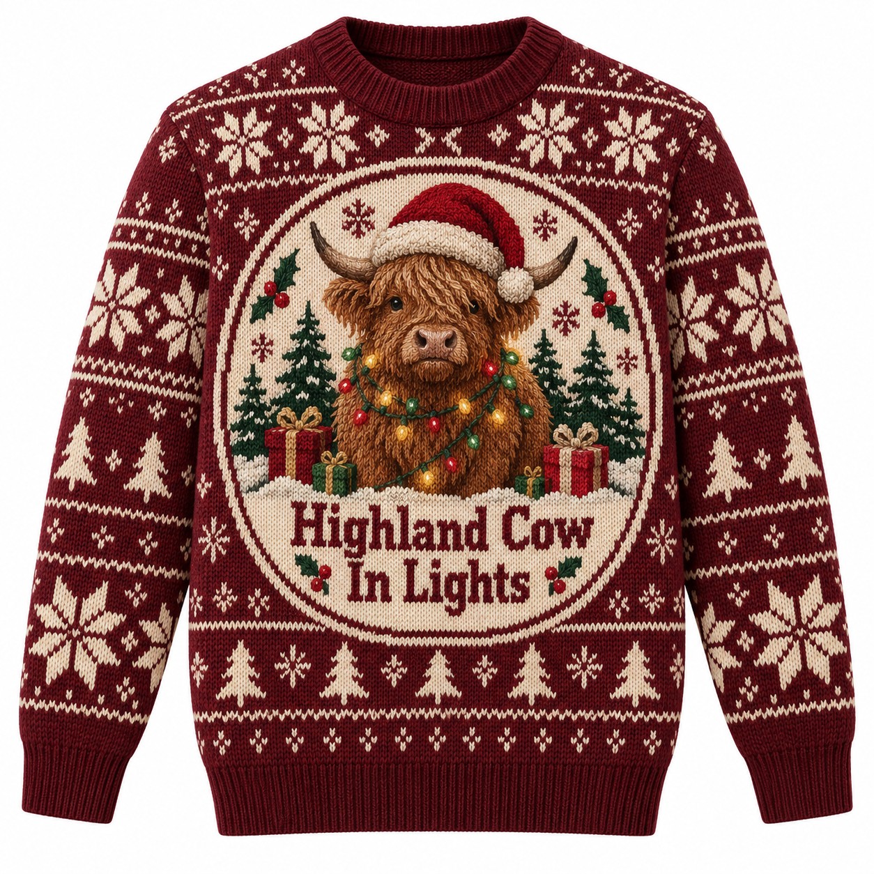 [popular-sweater:PX-12-20:front] Highland Cow In Lights Ugly Christmas Sweatshirt - Front view