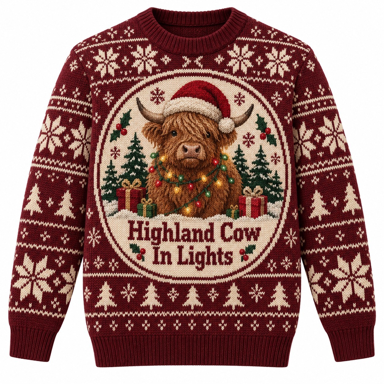 [popular-sweater:PX-12-20:front] Highland Cow In Lights Ugly Christmas Sweatshirt - Front view