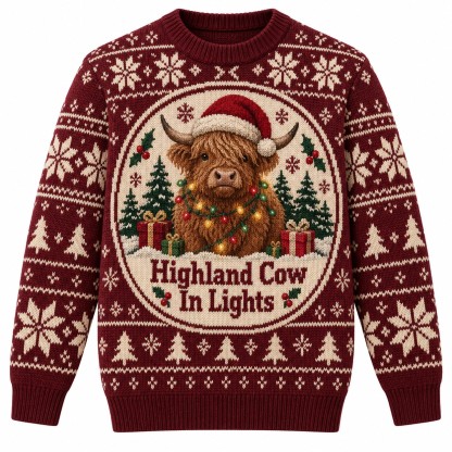 [popular-sweater:PX-12-20:front] Highland Cow In Lights Ugly Christmas Sweatshirt - Front view