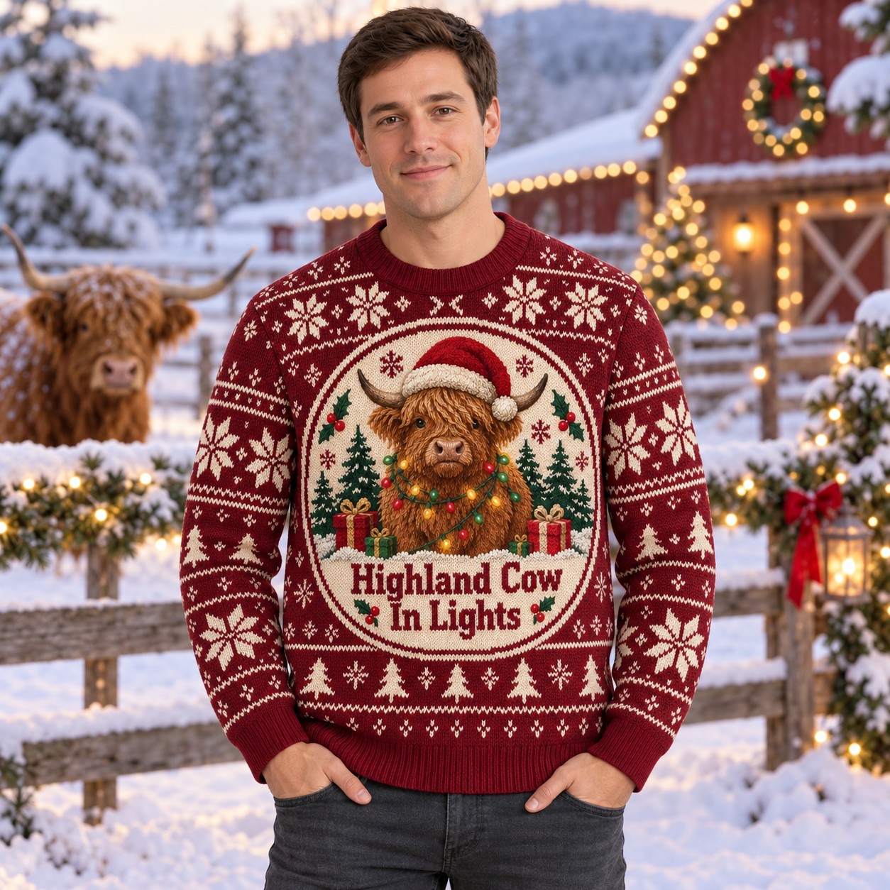 [popular-sweater:PX-12-20:male] Highland Cow In Lights Ugly Christmas Sweatshirt - Male view