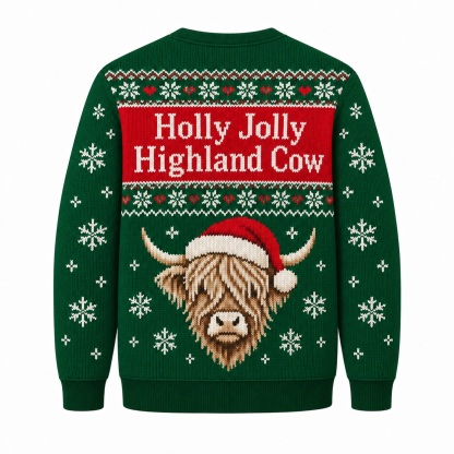 [popular-sweater:PX-12-21:back] Holly Jolly Highland Cow Ugly Christmas Sweatshirt - Back view