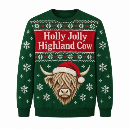[popular-sweater:PX-12-21:front] Holly Jolly Highland Cow Ugly Christmas Sweatshirt - Front view