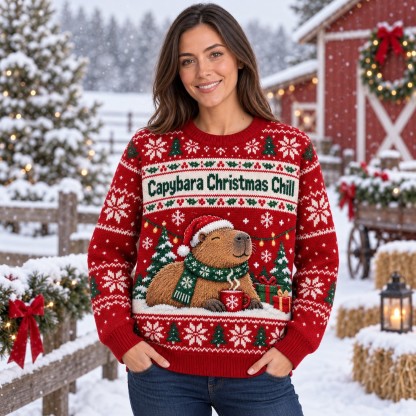 [popular-sweater:PX-13-01:female] Capybara Christmas Chill Ugly Christmas Sweatshirt - Female view