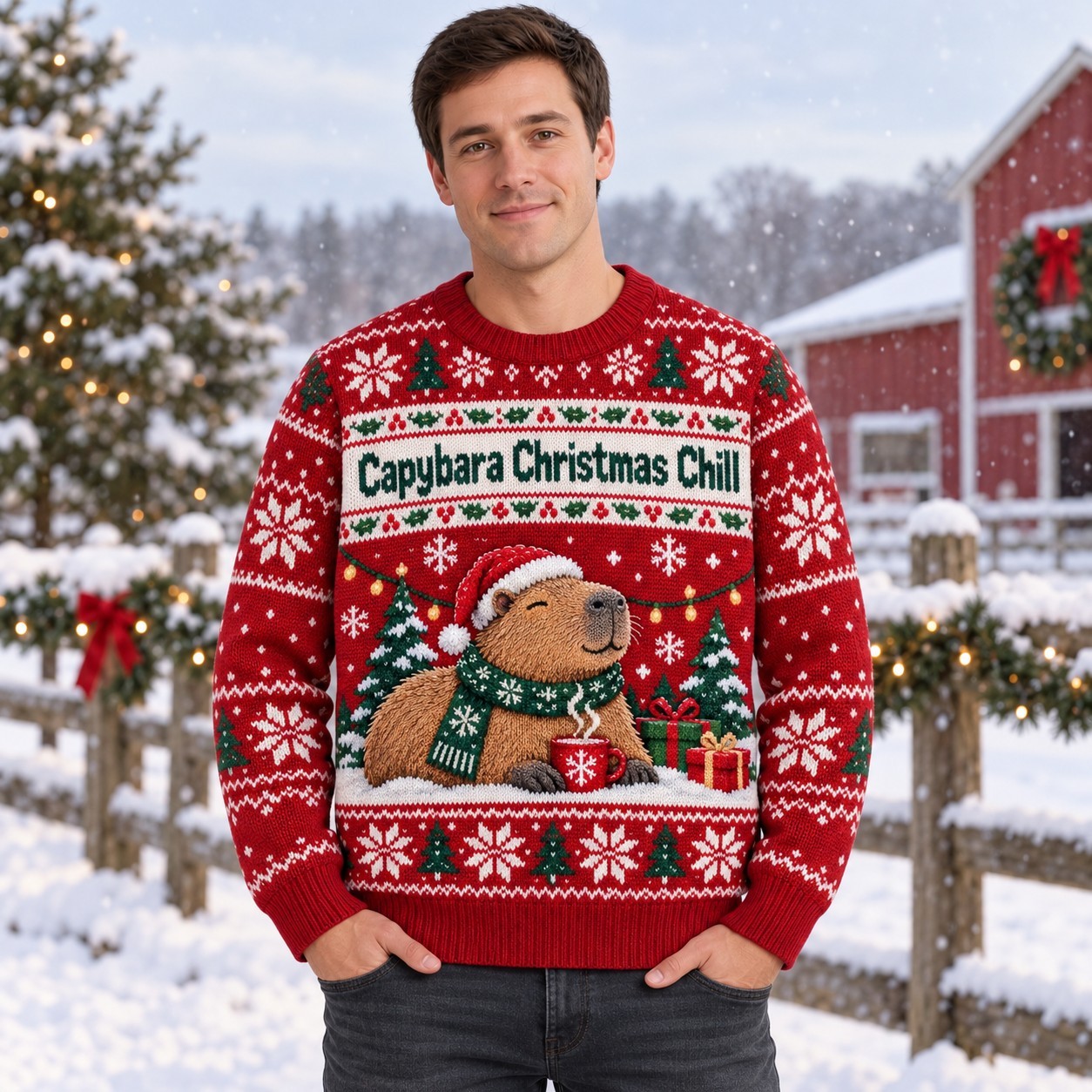 [popular-sweater:PX-13-01:male] Capybara Christmas Chill Ugly Christmas Sweatshirt - Male view