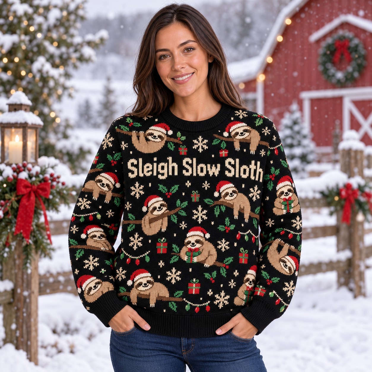 [popular-sweater:PX-13-02:female] Sleigh Slow Sloth Ugly Christmas Sweatshirt - Female view