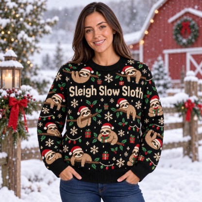 [popular-sweater:PX-13-02:female] Sleigh Slow Sloth Ugly Christmas Sweatshirt - Female view