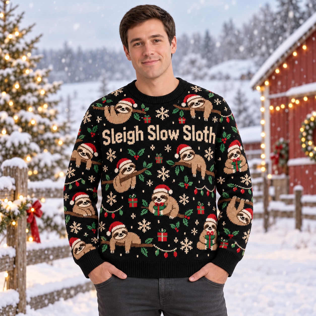 [popular-sweater:PX-13-02:male] Sleigh Slow Sloth Ugly Christmas Sweatshirt - Male view