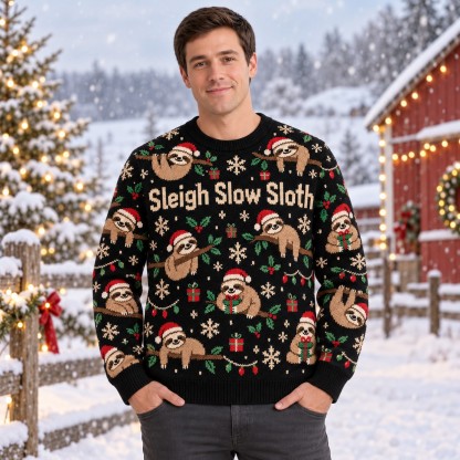 [popular-sweater:PX-13-02:male] Sleigh Slow Sloth Ugly Christmas Sweatshirt - Male view