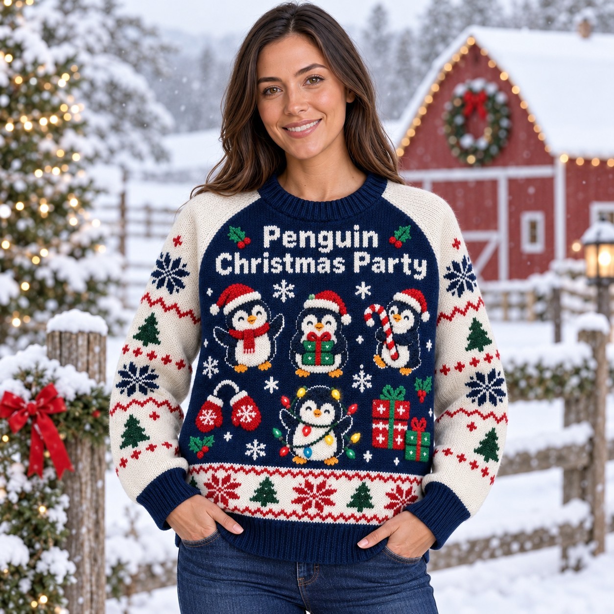 [popular-sweater:PX-13-03:female] Penguin Christmas Party Ugly Christmas Sweatshirt - Female view