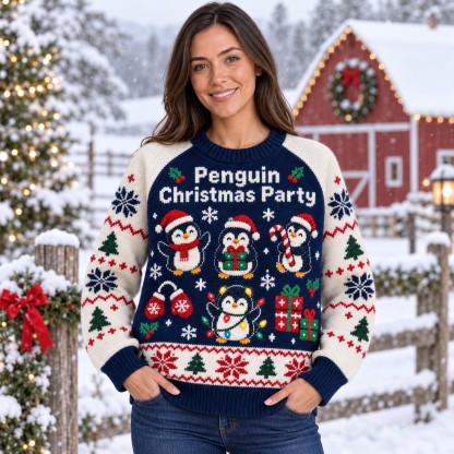 [popular-sweater:PX-13-03:female] Penguin Christmas Party Ugly Christmas Sweatshirt - Female view