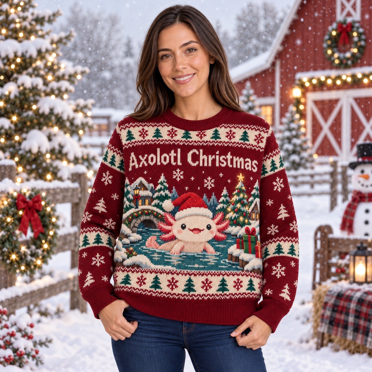 [popular-sweater:PX-13-04:female] Axolotl Christmas Ugly Christmas Sweatshirt - Female view