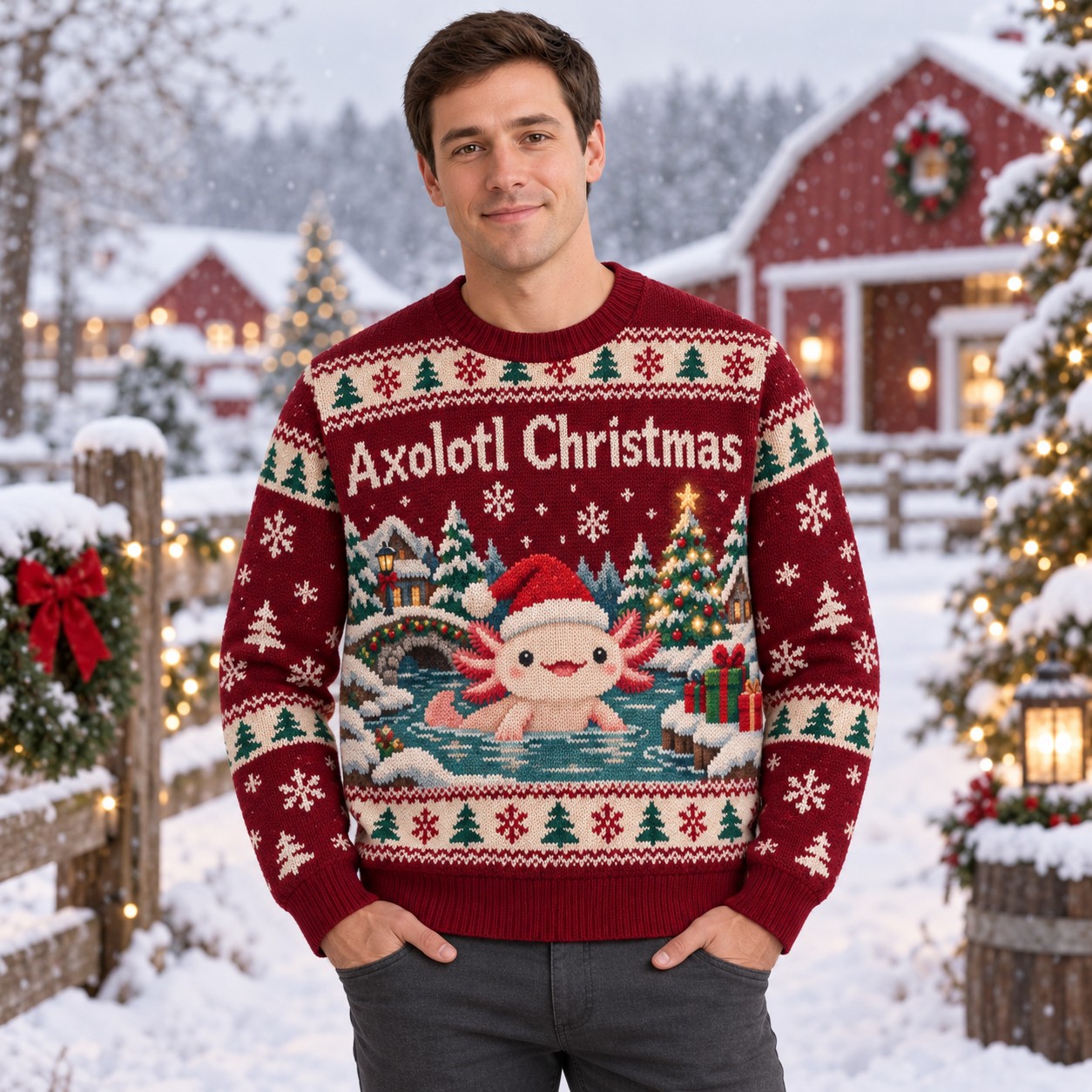 [popular-sweater:PX-13-04:male] Axolotl Christmas Ugly Christmas Sweatshirt - Male view