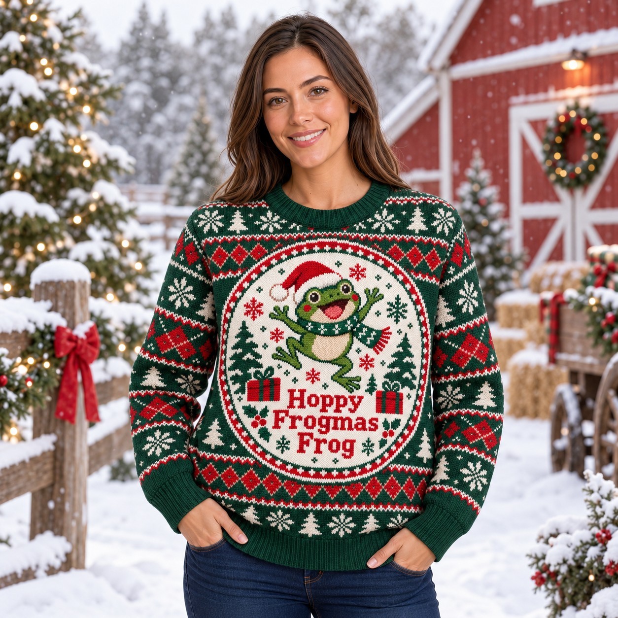 [popular-sweater:PX-13-05:female] Hoppy Frogmas Frog Ugly Christmas Sweatshirt - Female view