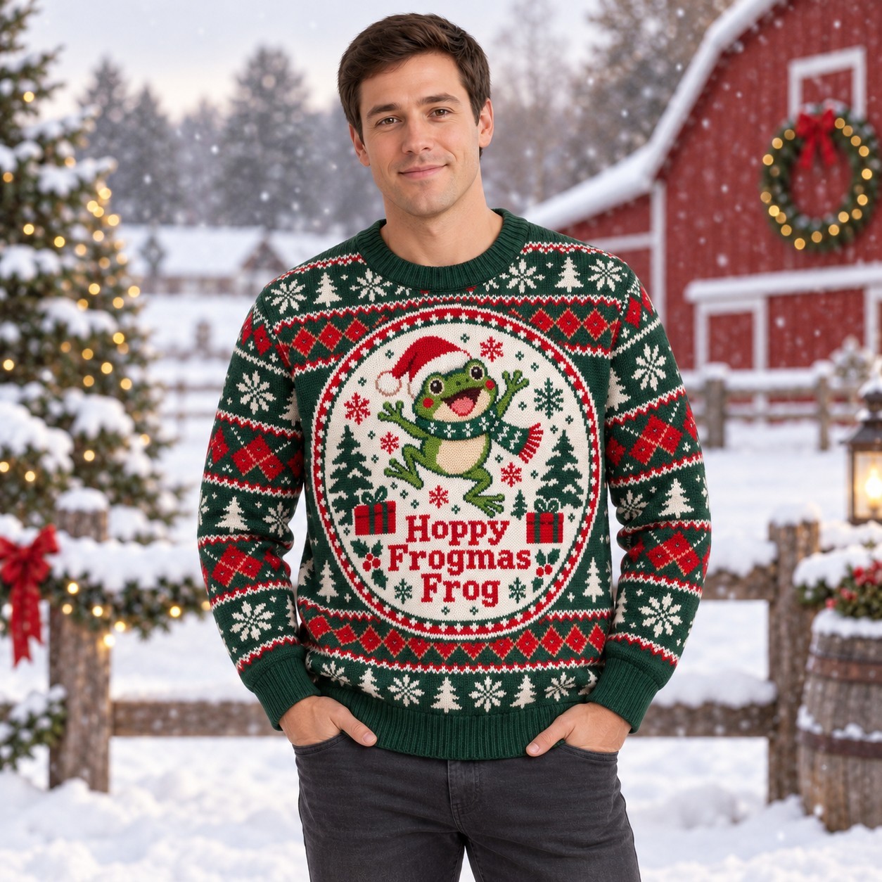 [popular-sweater:PX-13-05:male] Hoppy Frogmas Frog Ugly Christmas Sweatshirt - Male view