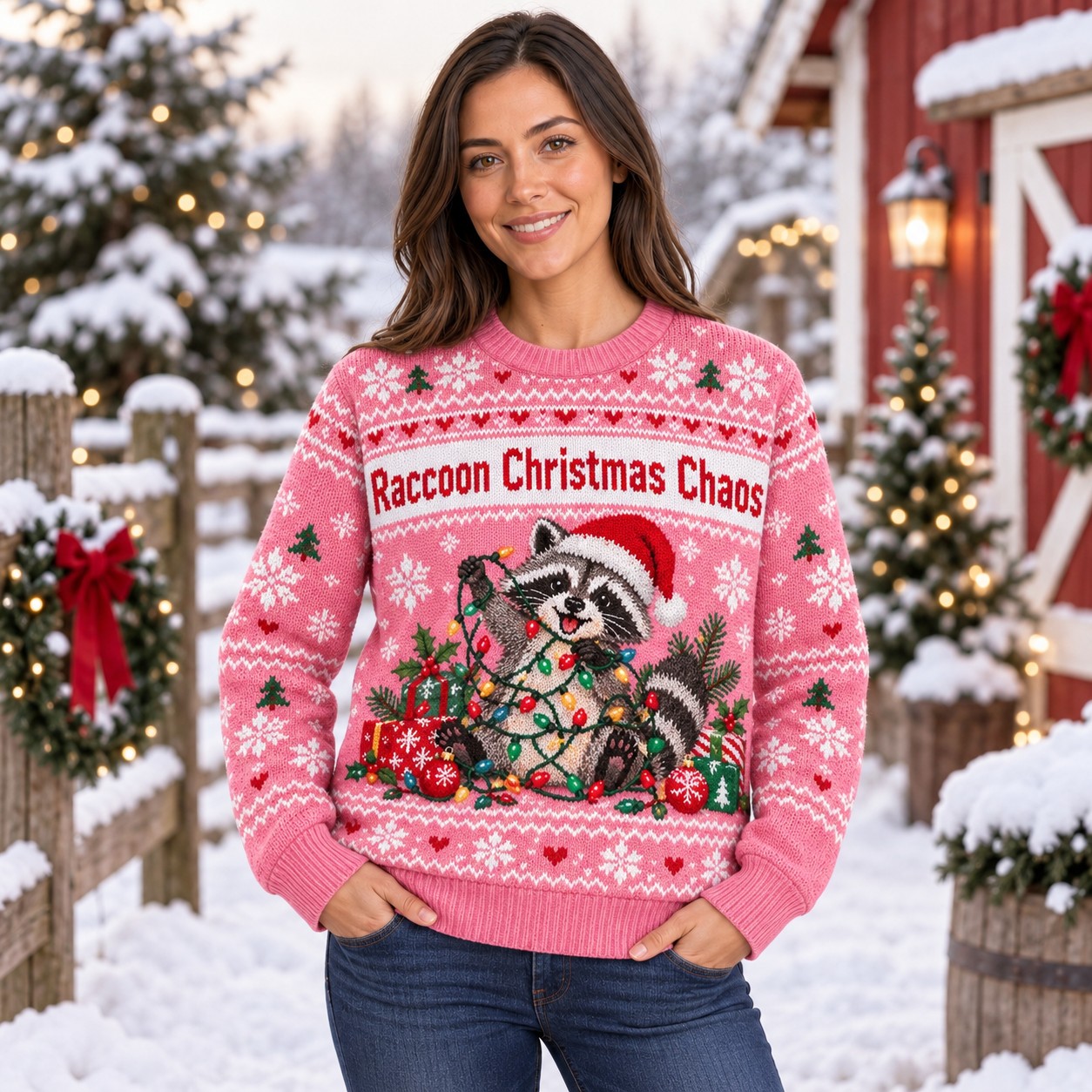 [popular-sweater:PX-13-06:female] Raccoon Christmas Chaos Ugly Christmas Sweatshirt - Female view
