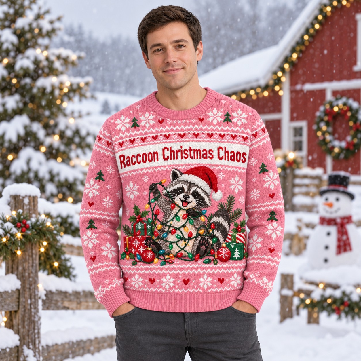 [popular-sweater:PX-13-06:male] Raccoon Christmas Chaos Ugly Christmas Sweatshirt - Male view