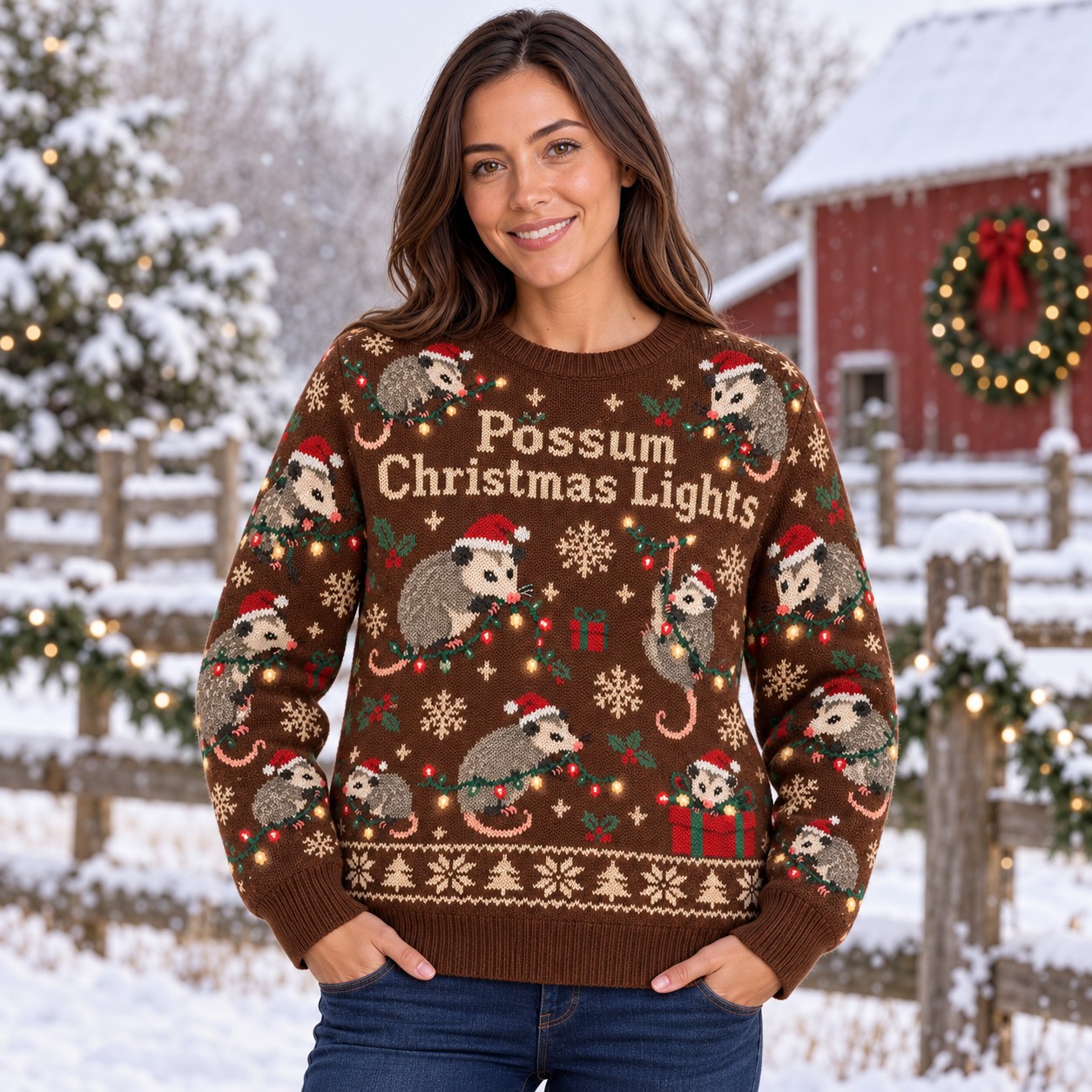 [popular-sweater:PX-13-07:female] Possum Christmas Lights Ugly Christmas Sweatshirt - Female view