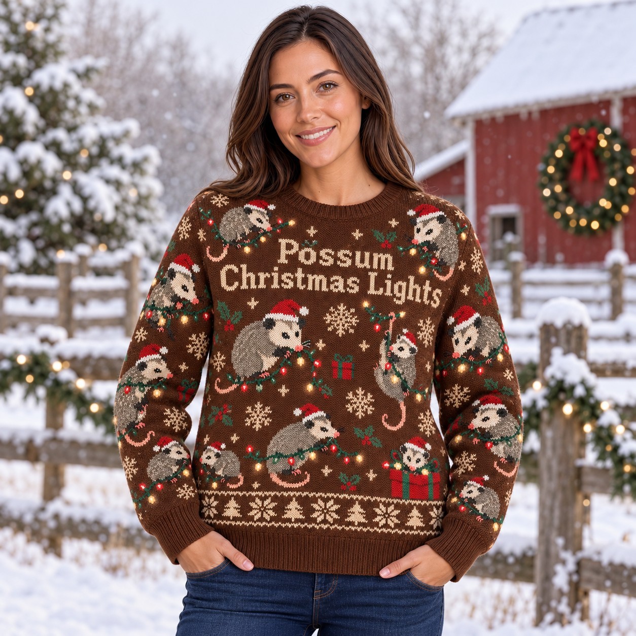 [popular-sweater:PX-13-07:female] Possum Christmas Lights Ugly Christmas Sweatshirt - Female view