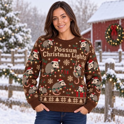 [popular-sweater:PX-13-07:female] Possum Christmas Lights Ugly Christmas Sweatshirt - Female view
