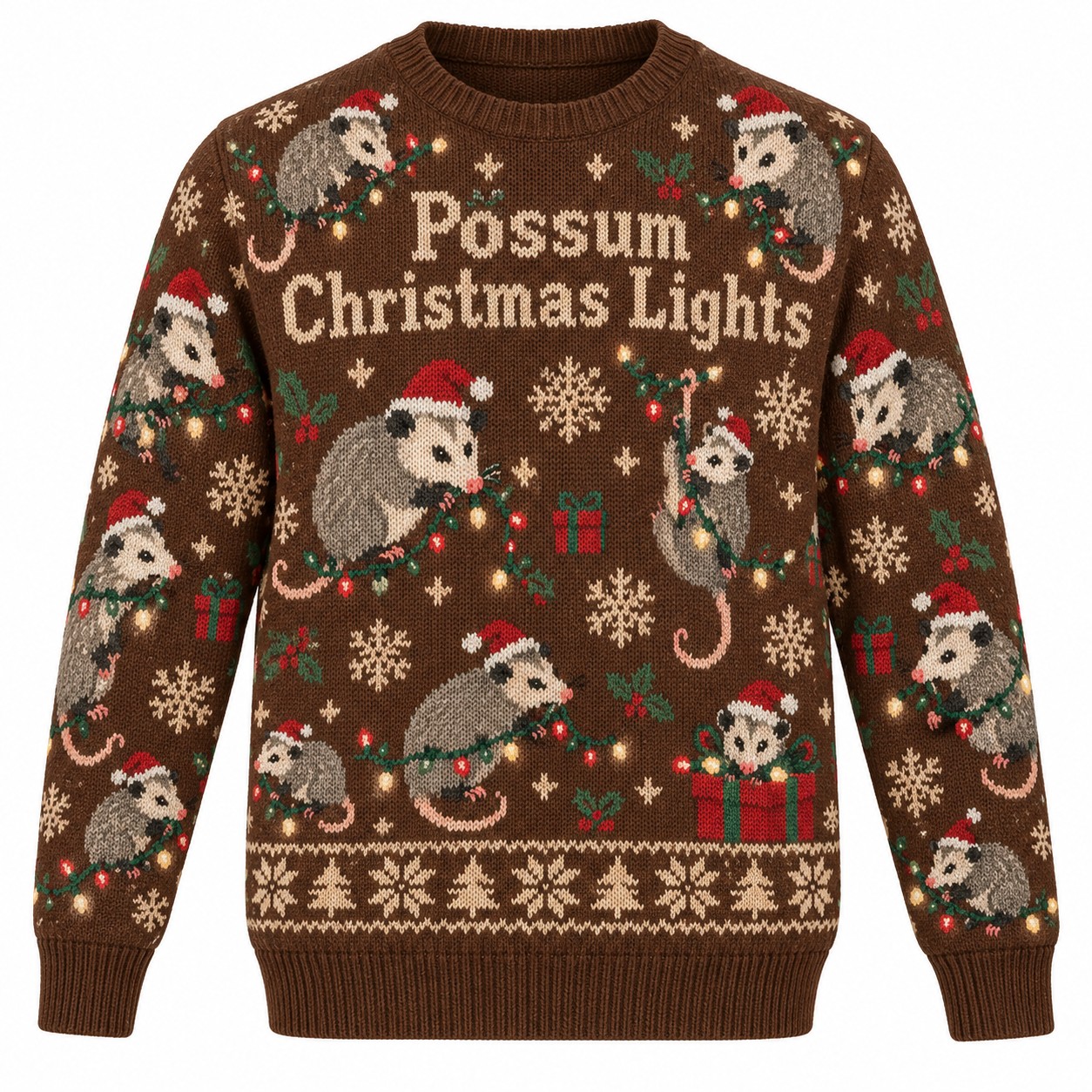 [popular-sweater:PX-13-07:front] Possum Christmas Lights Ugly Christmas Sweatshirt - Front view
