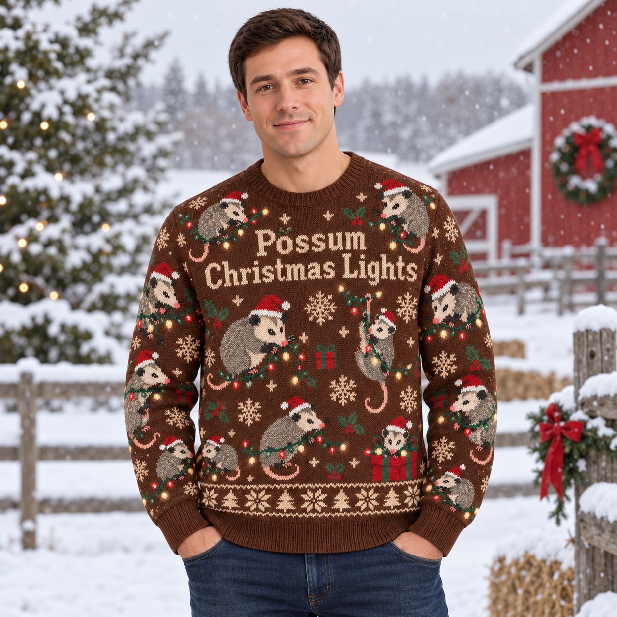 [popular-sweater:PX-13-07:male] Possum Christmas Lights Ugly Christmas Sweatshirt - Male view