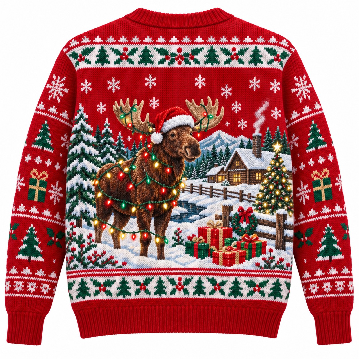 [popular-sweater:PX-13-09:back] Moose Christmas Lights Ugly Christmas Sweatshirt - Back view