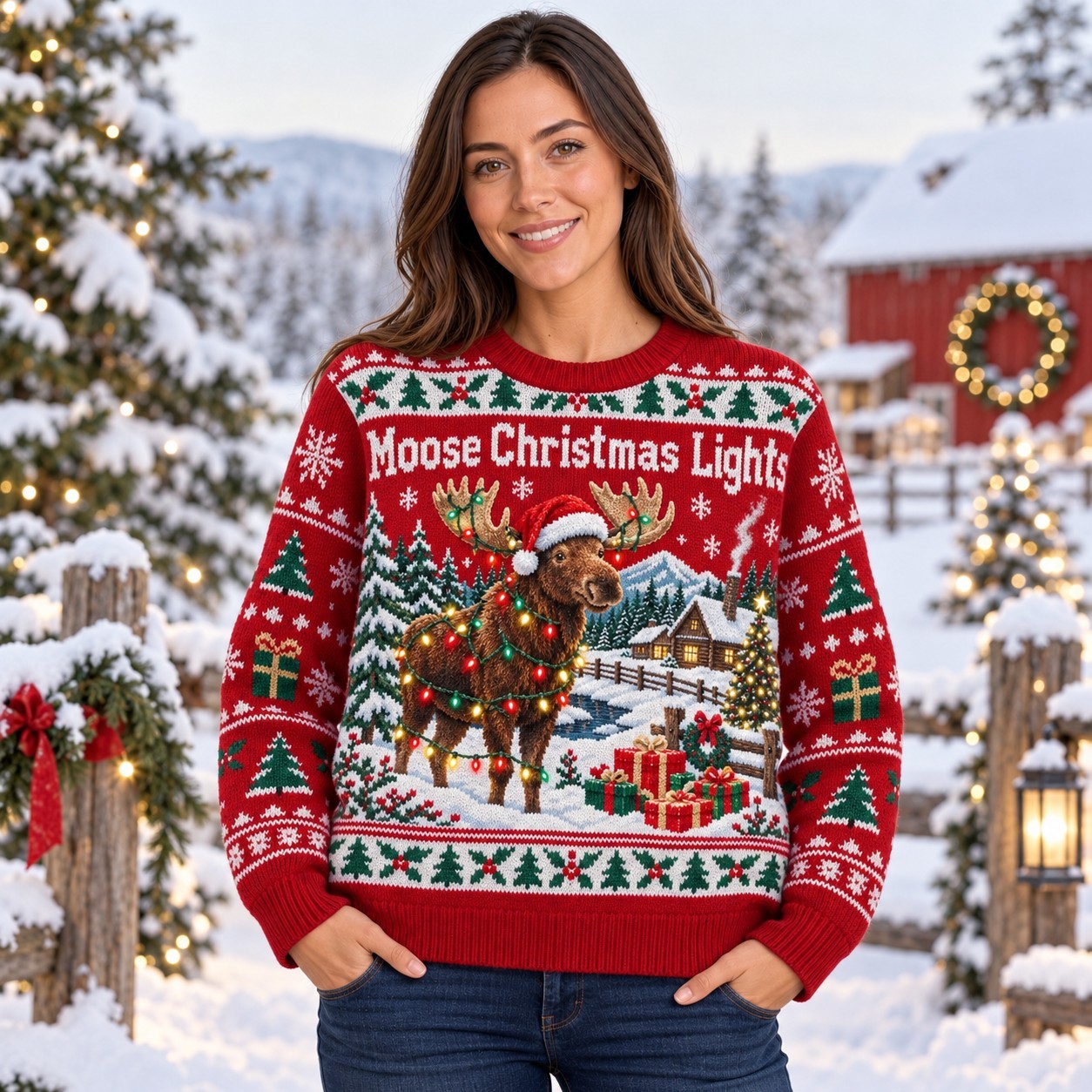 [popular-sweater:PX-13-09:female] Moose Christmas Lights Ugly Christmas Sweatshirt - Female view