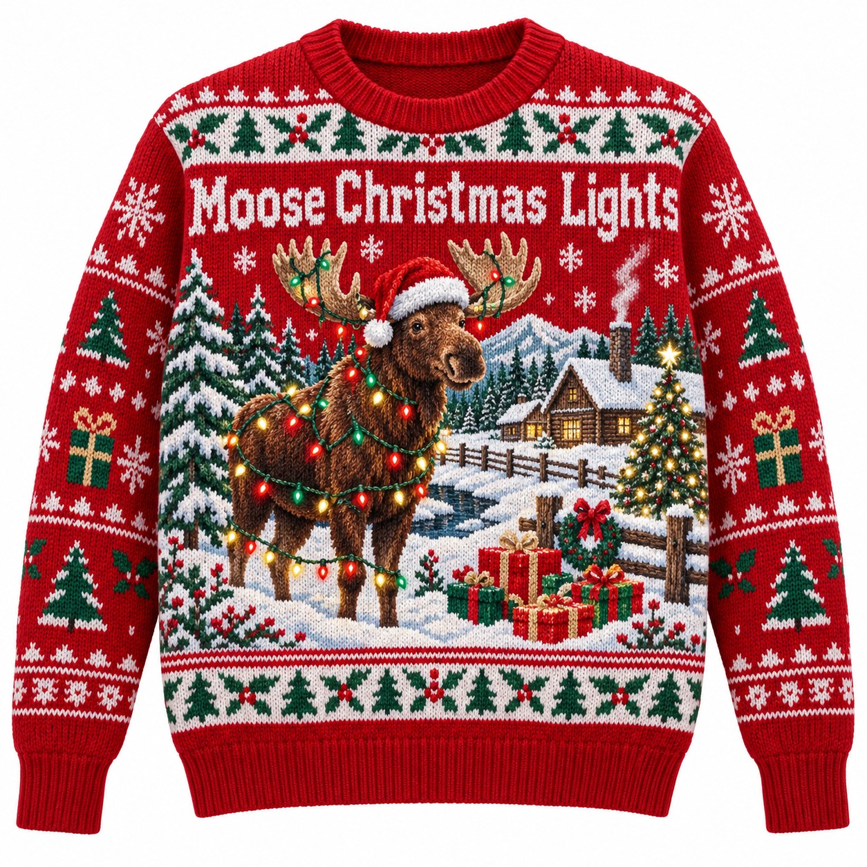 [popular-sweater:PX-13-09:front] Moose Christmas Lights Ugly Christmas Sweatshirt - Front view