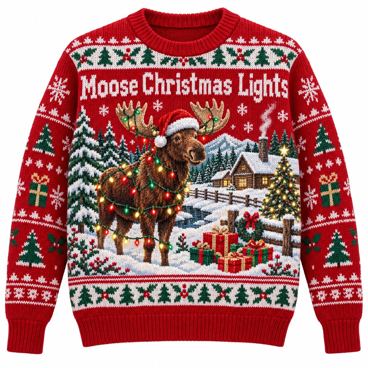 [popular-sweater:PX-13-09:front] Moose Christmas Lights Ugly Christmas Sweatshirt - Front view