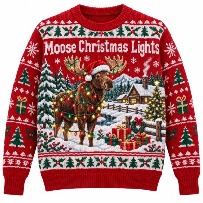 [popular-sweater:PX-13-09:front] Moose Christmas Lights Ugly Christmas Sweatshirt - Front view