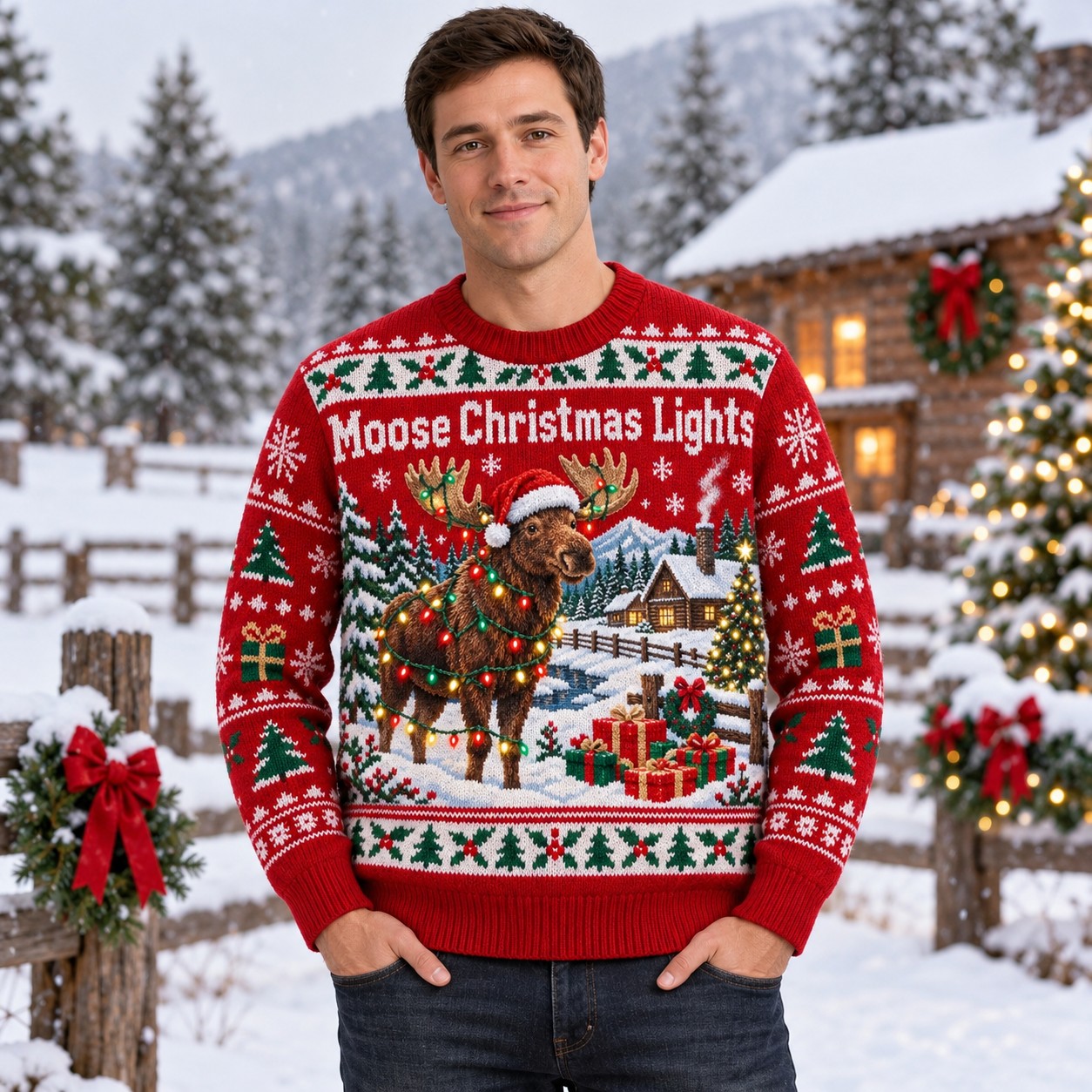[popular-sweater:PX-13-09:male] Moose Christmas Lights Ugly Christmas Sweatshirt - Male view