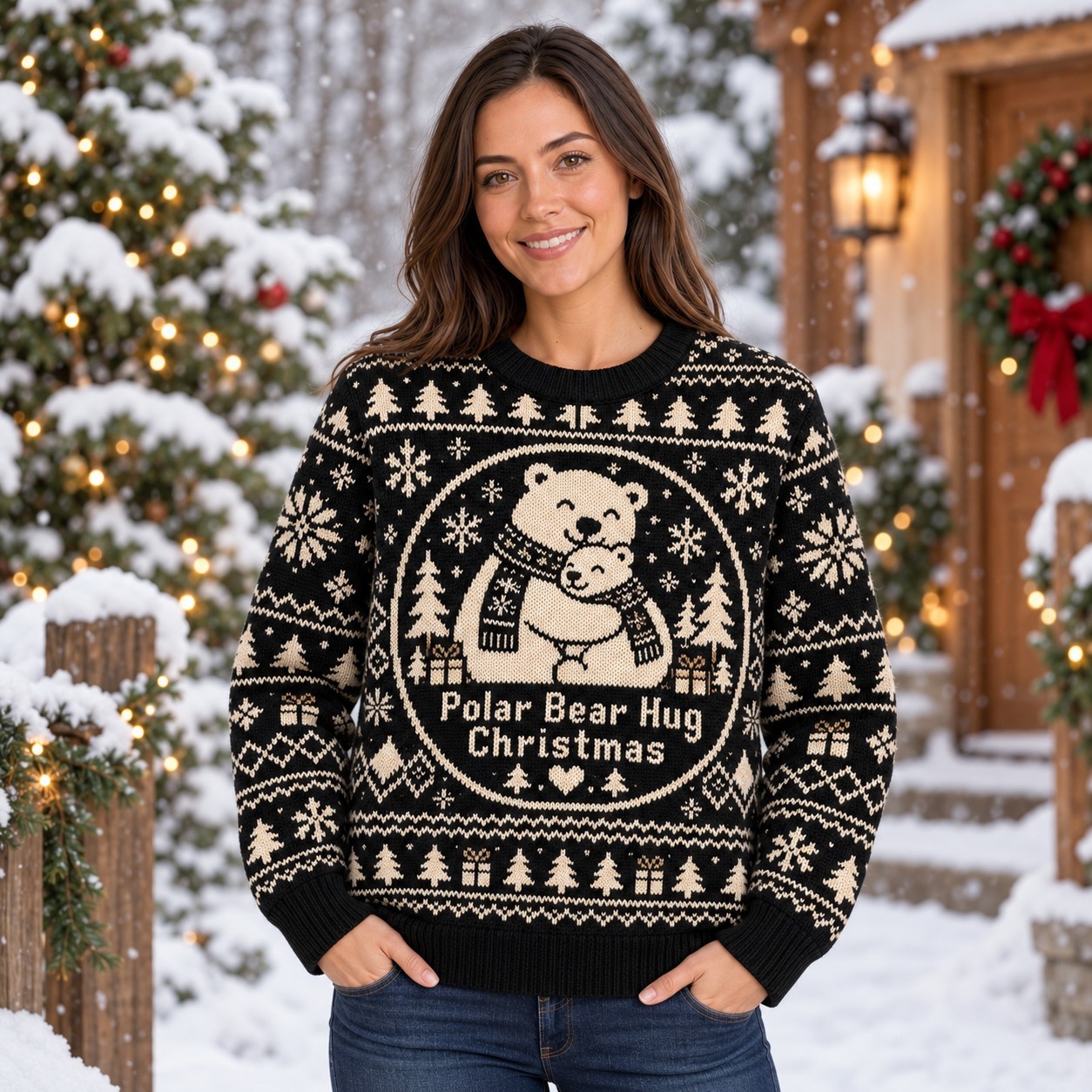 [popular-sweater:PX-13-10:female] Polar Bear Hug Christmas Ugly Christmas Sweatshirt - Female view