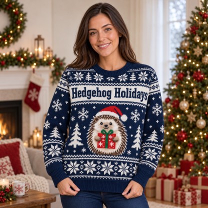 [popular-sweater:PX-13-11:female] Hedgehog Holidays Ugly Christmas Sweatshirt - Female view