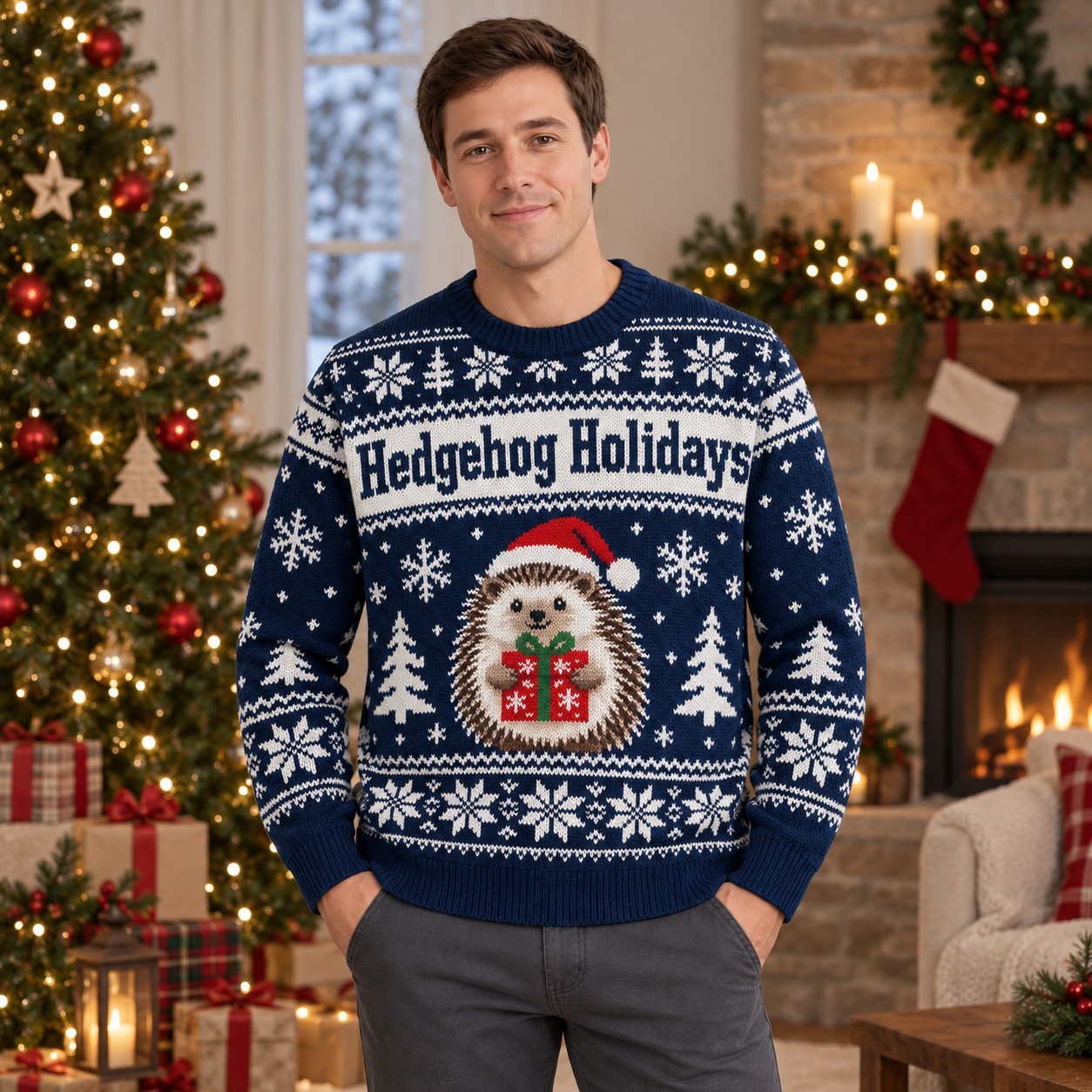 [popular-sweater:PX-13-11:male] Hedgehog Holidays Ugly Christmas Sweatshirt - Male view