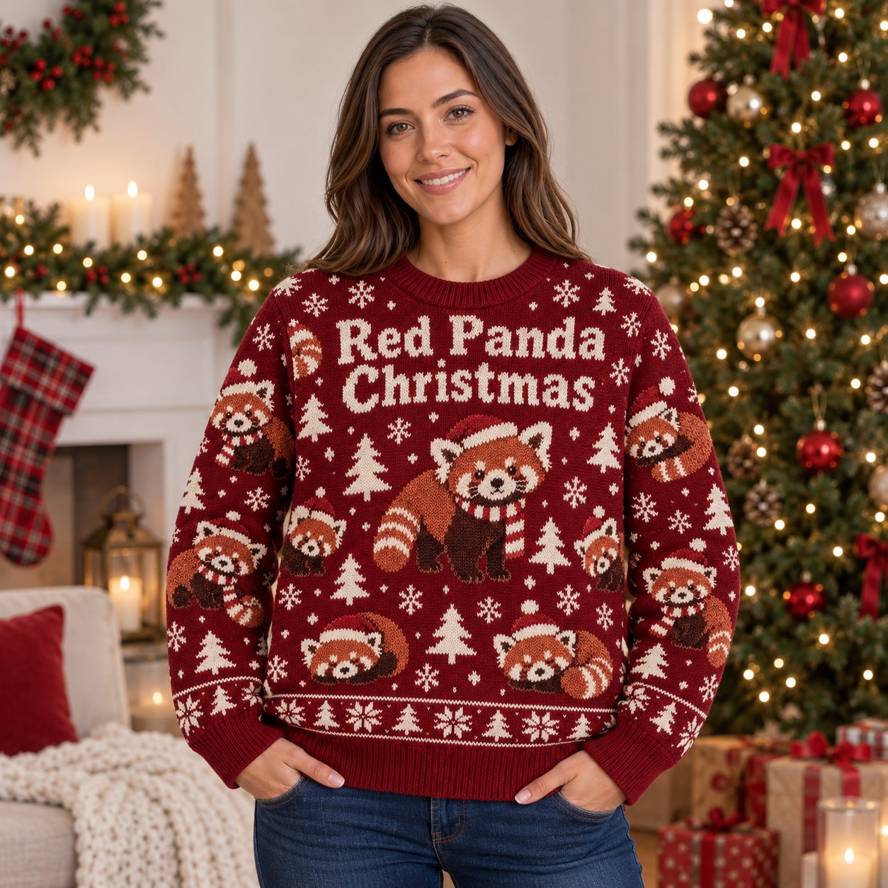 [popular-sweater:PX-13-12:female] Red Panda Christmas Ugly Christmas Sweatshirt - Female view