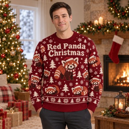 [popular-sweater:PX-13-12:male] Red Panda Christmas Ugly Christmas Sweatshirt - Male view