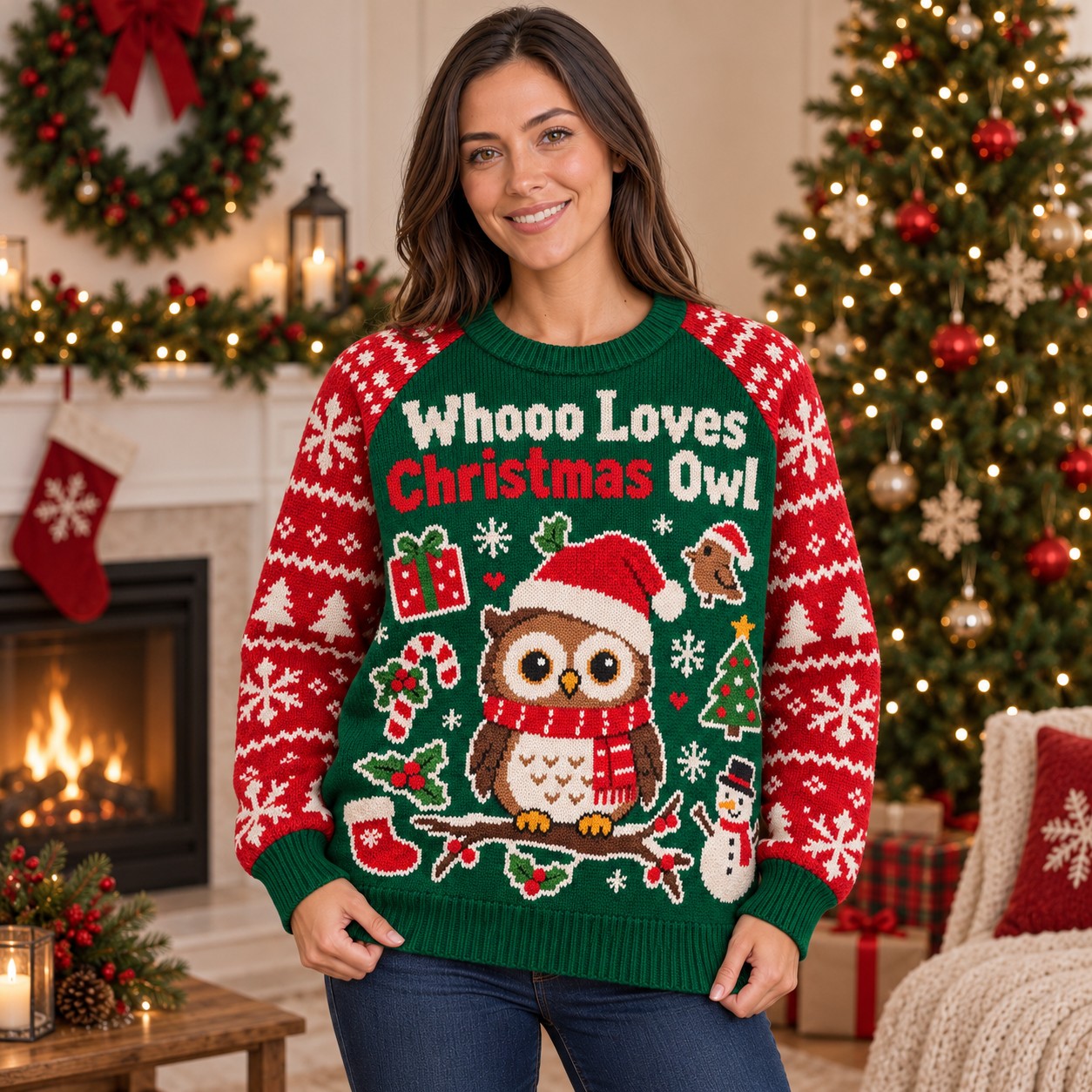 [popular-sweater:PX-13-13:female] Whooo Loves Christmas Owl Ugly Christmas Sweatshirt - Female view