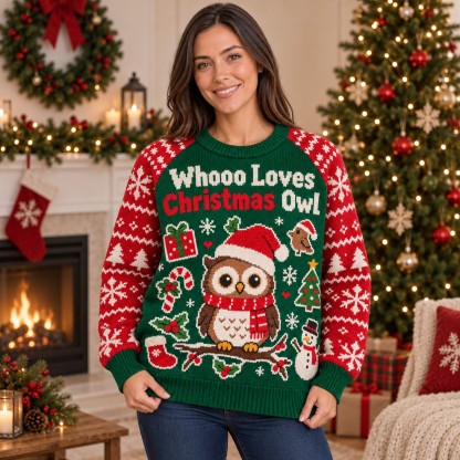 [popular-sweater:PX-13-13:female] Whooo Loves Christmas Owl Ugly Christmas Sweatshirt - Female view