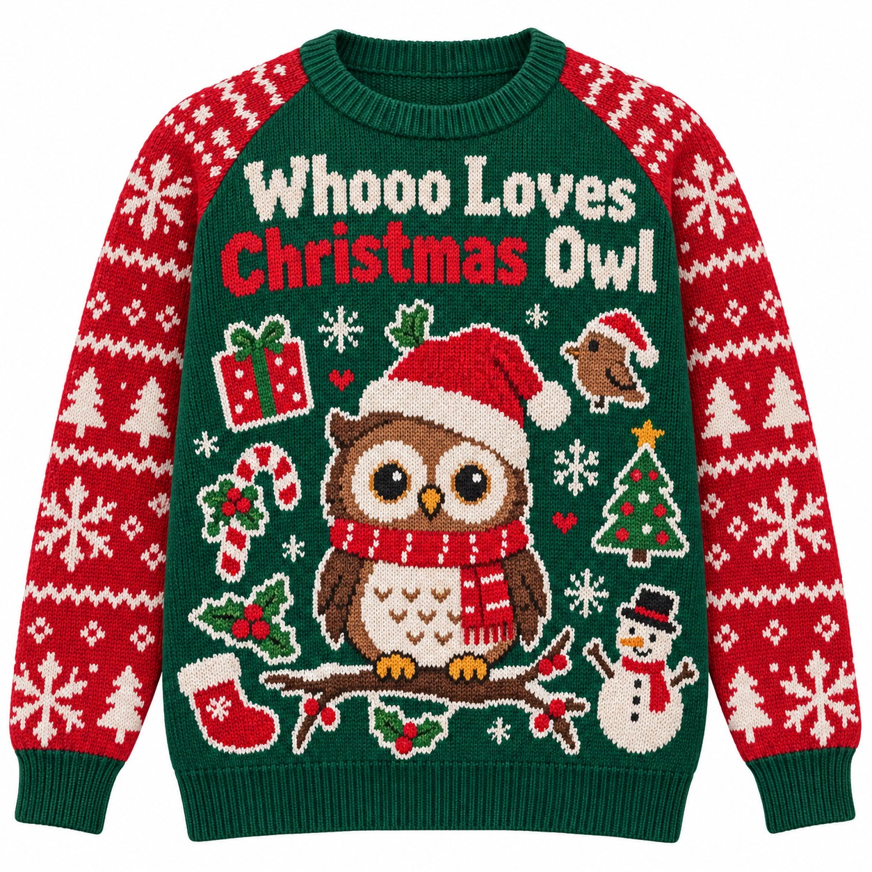 [popular-sweater:PX-13-13:front] Whooo Loves Christmas Owl Ugly Christmas Sweatshirt - Front view