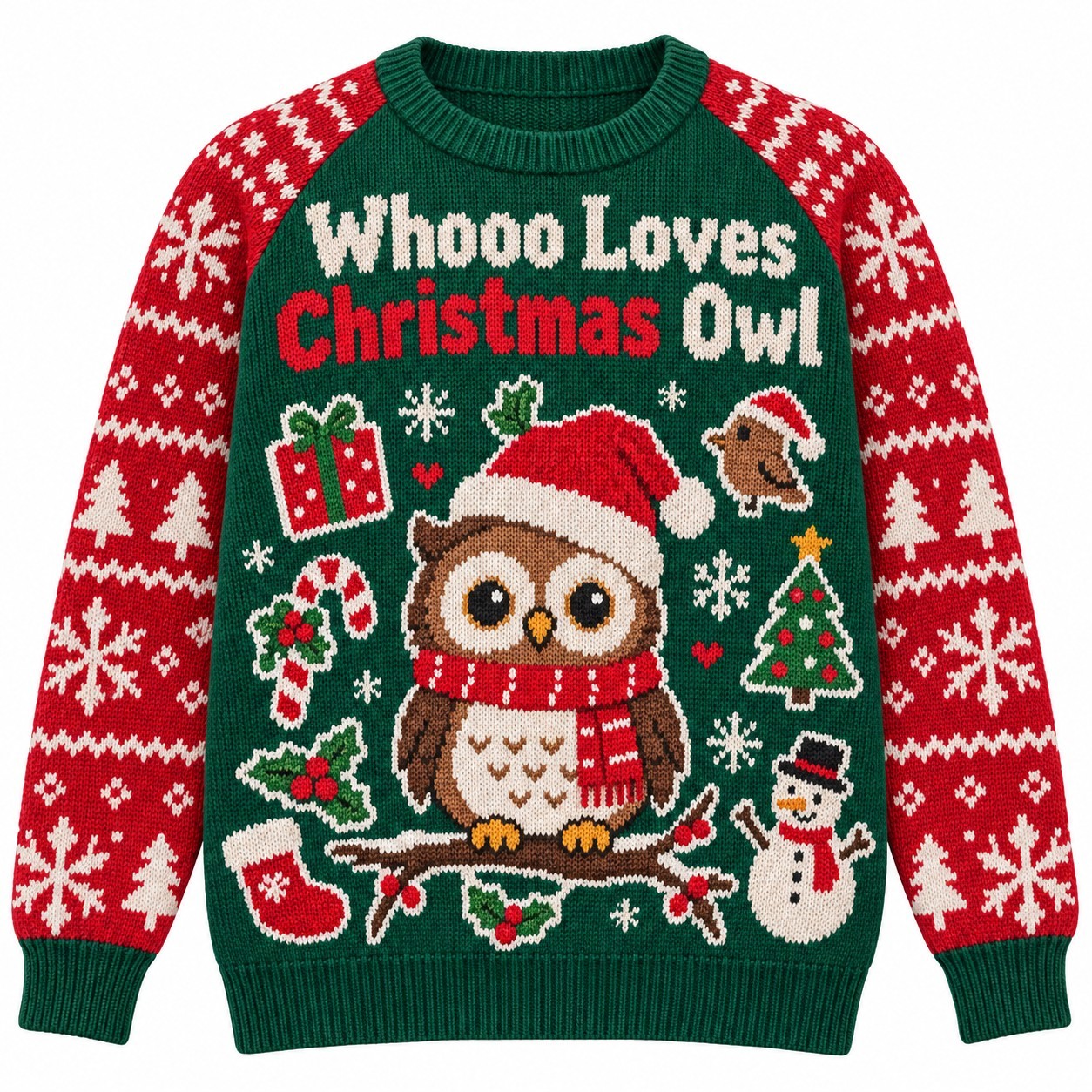 [popular-sweater:PX-13-13:front] Whooo Loves Christmas Owl Ugly Christmas Sweatshirt - Front view