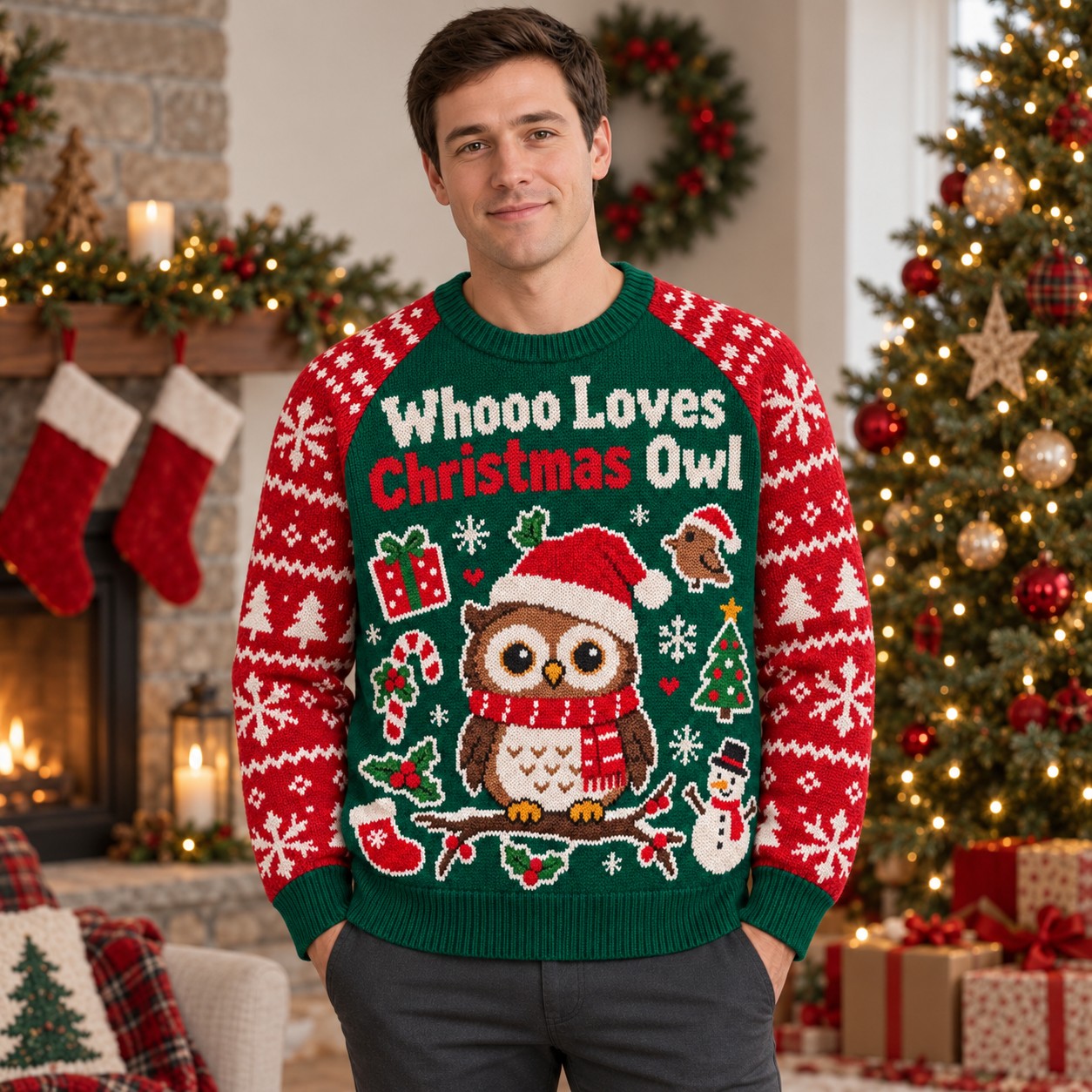 [popular-sweater:PX-13-13:male] Whooo Loves Christmas Owl Ugly Christmas Sweatshirt - Male view