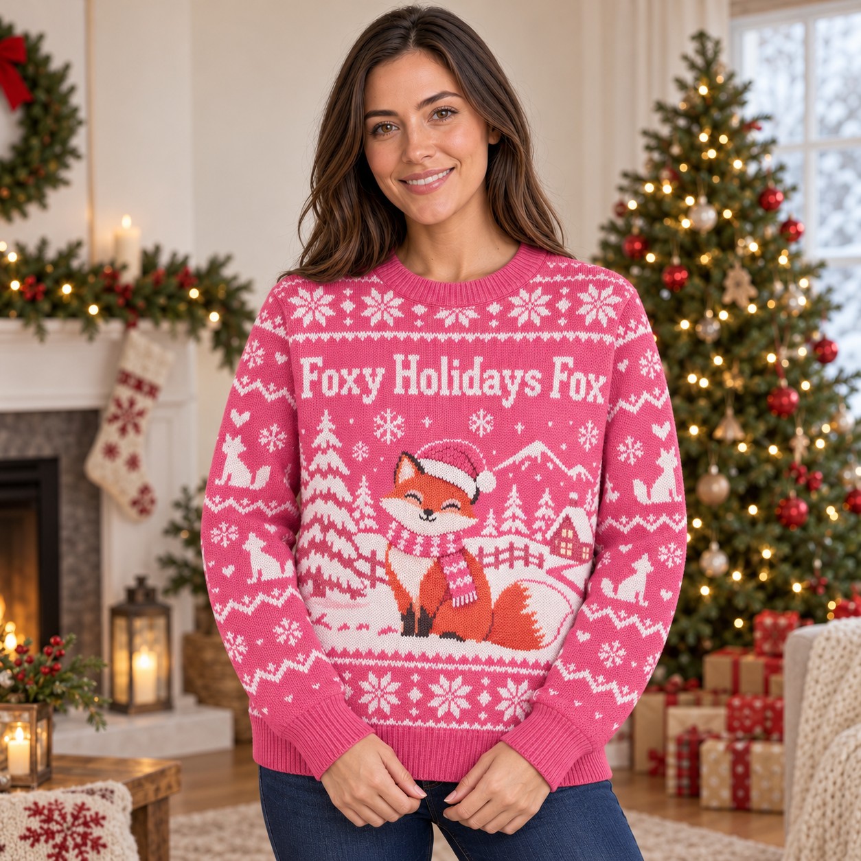 [popular-sweater:PX-13-14:female] Foxy Holidays Fox Ugly Christmas Sweatshirt - Female view