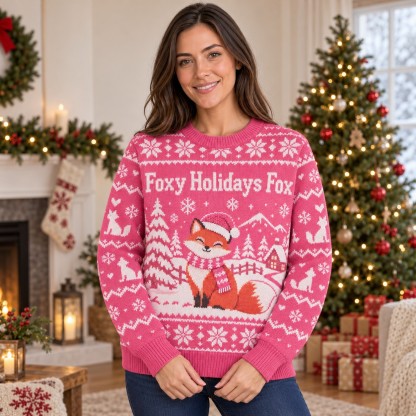 [popular-sweater:PX-13-14:female] Foxy Holidays Fox Ugly Christmas Sweatshirt - Female view
