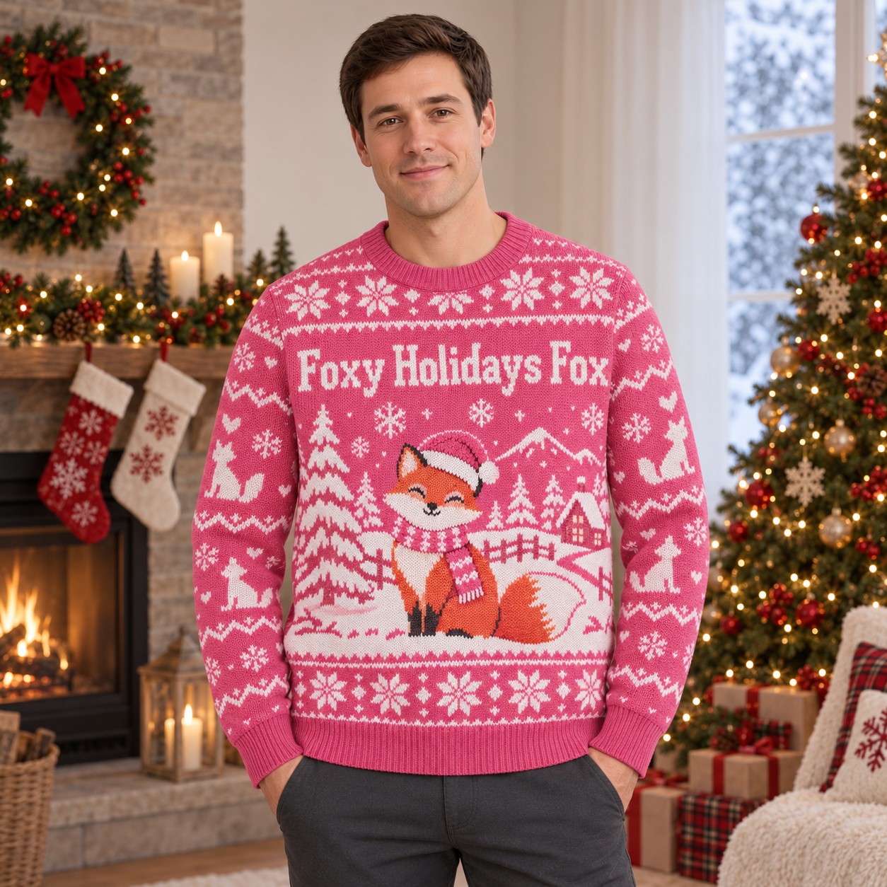 [popular-sweater:PX-13-14:male] Foxy Holidays Fox Ugly Christmas Sweatshirt - Male view