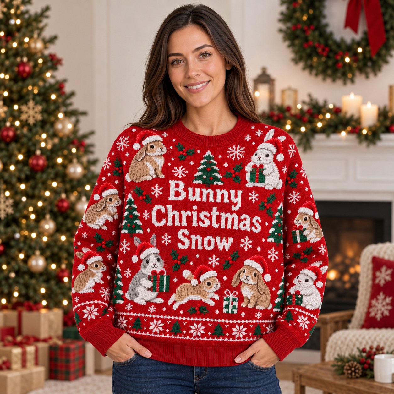 [popular-sweater:PX-13-17:female] Bunny Christmas Snow Ugly Christmas Sweatshirt - Female view