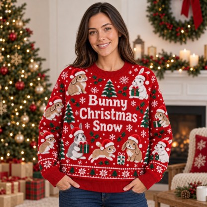 [popular-sweater:PX-13-17:female] Bunny Christmas Snow Ugly Christmas Sweatshirt - Female view